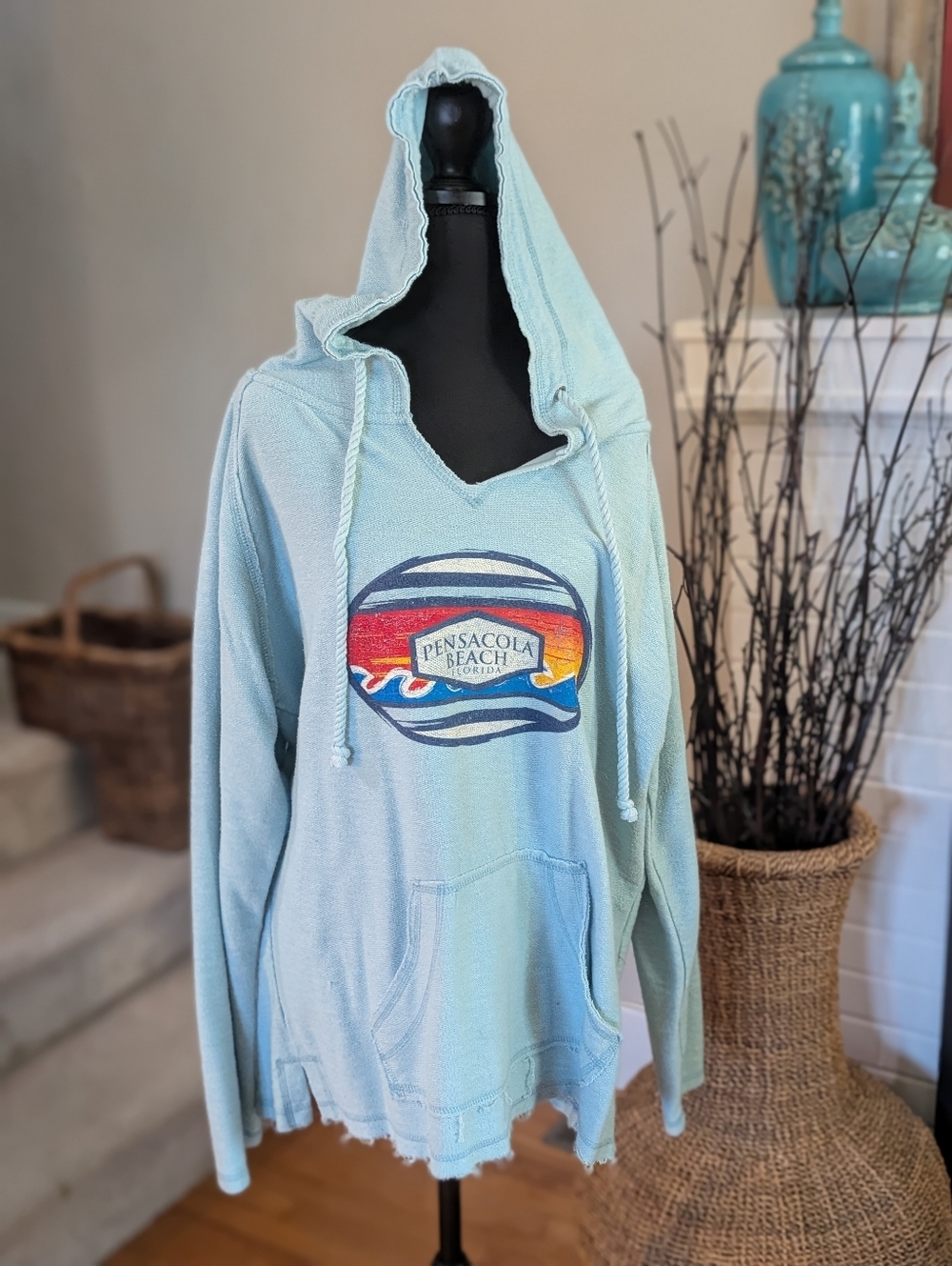 Pensacola Beach Florida Hoodie 2XL Blue Lightweight Pullover Distressed Hem...